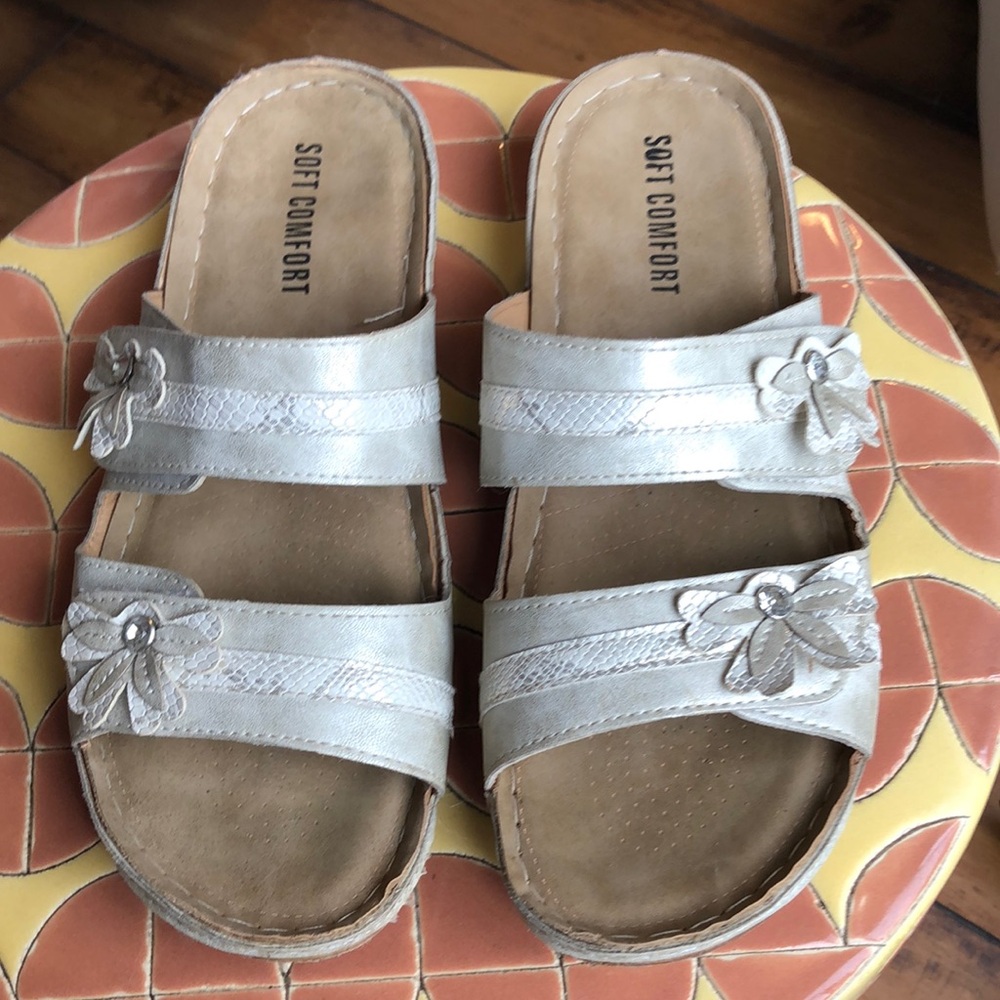 Silver Slide Sandals with Floral Detail